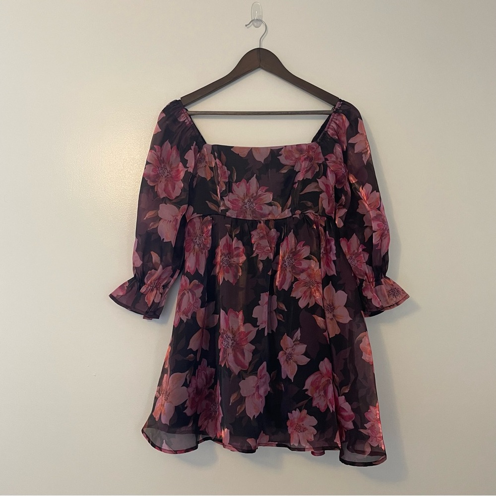 Thirty Thirty Black and Pink Floral Organza Babydoll Mini Dress Medium